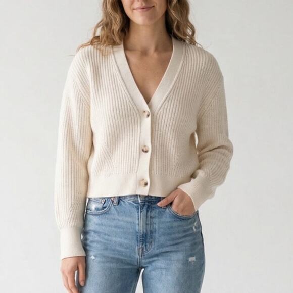 & Other Stories Sweaters - & Other Stories Short Cardigan Womens S Cream Boxy Oversized Rib Knit Button